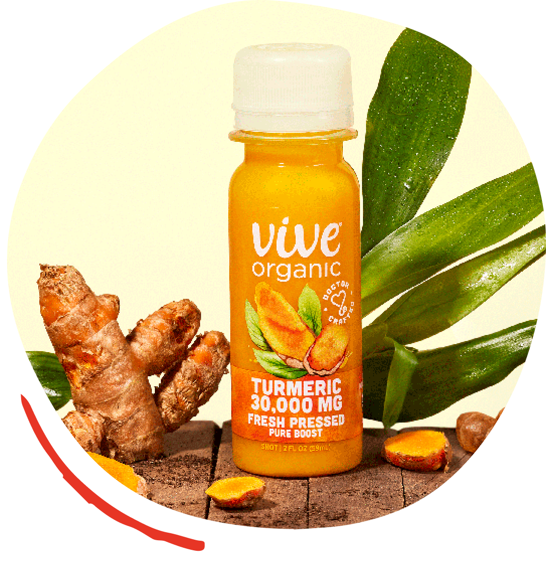 Vive Organic Turmeric bottle surrounded by fresh turmeric and other ingredients