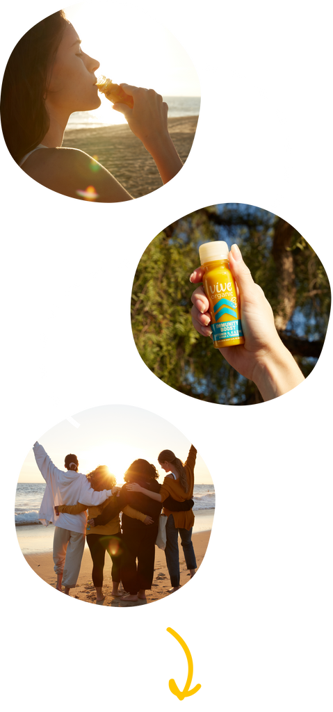 three circles with images of girl drinking vive, shot of vive, four people on the beach.